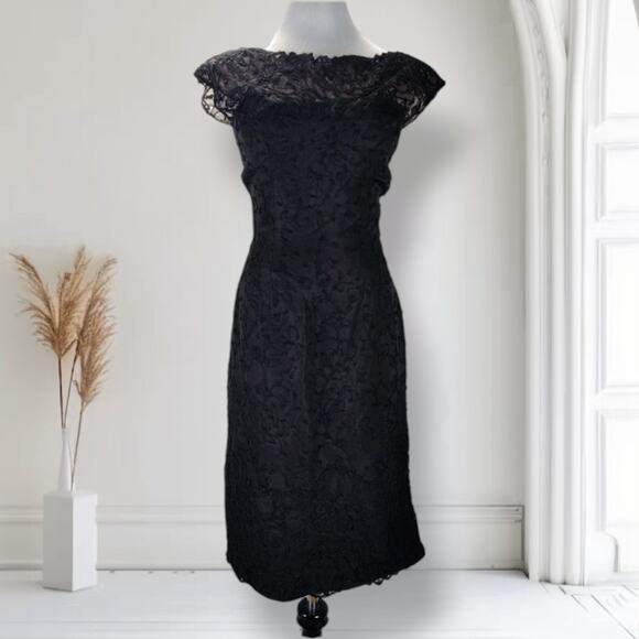 Vintage 50s Boat Neck Cocktail Dress Size 6 Black Embroidered Knee Length - Picture 1 of 16